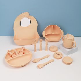 Silicone Children's Tableware Set Baby Feeding Solid Food Tableware Bib Suction Cup Bowl Spoon Plate Bib 15-piece Set (Option: Beige 01315 Piece Set)