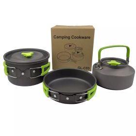 3pcs/set Lightweight Outdoor Cooking Utensils Kit Portable Camping Pot Pan Kettle Soup Wok Pot Cookware Set (Color: green)